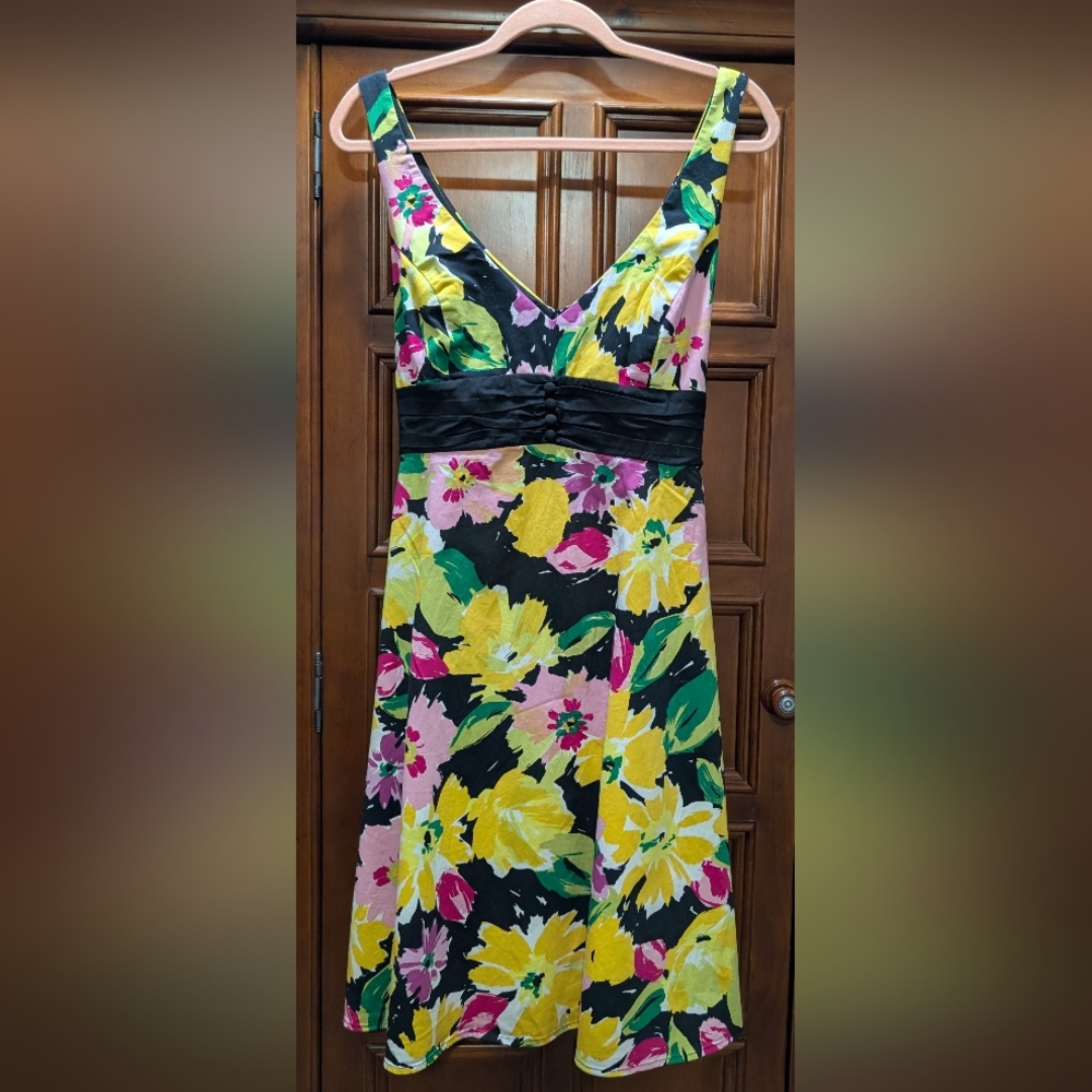 B. Smart Black Colorful Floral Midi Dress EUC